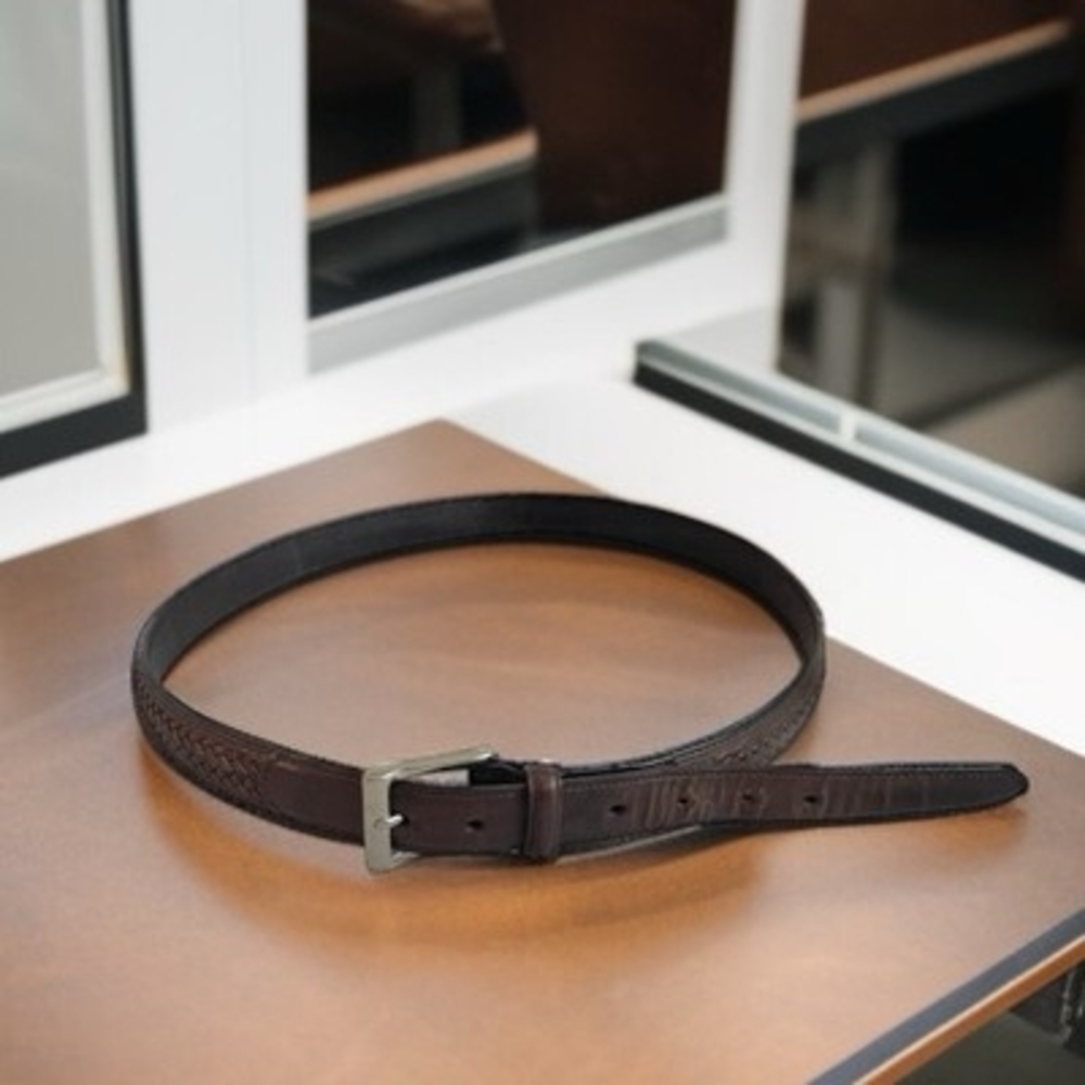 Mens Braid Weave Brown Genuine Cowhide Leather Silver Solid Square Buckle XL VG